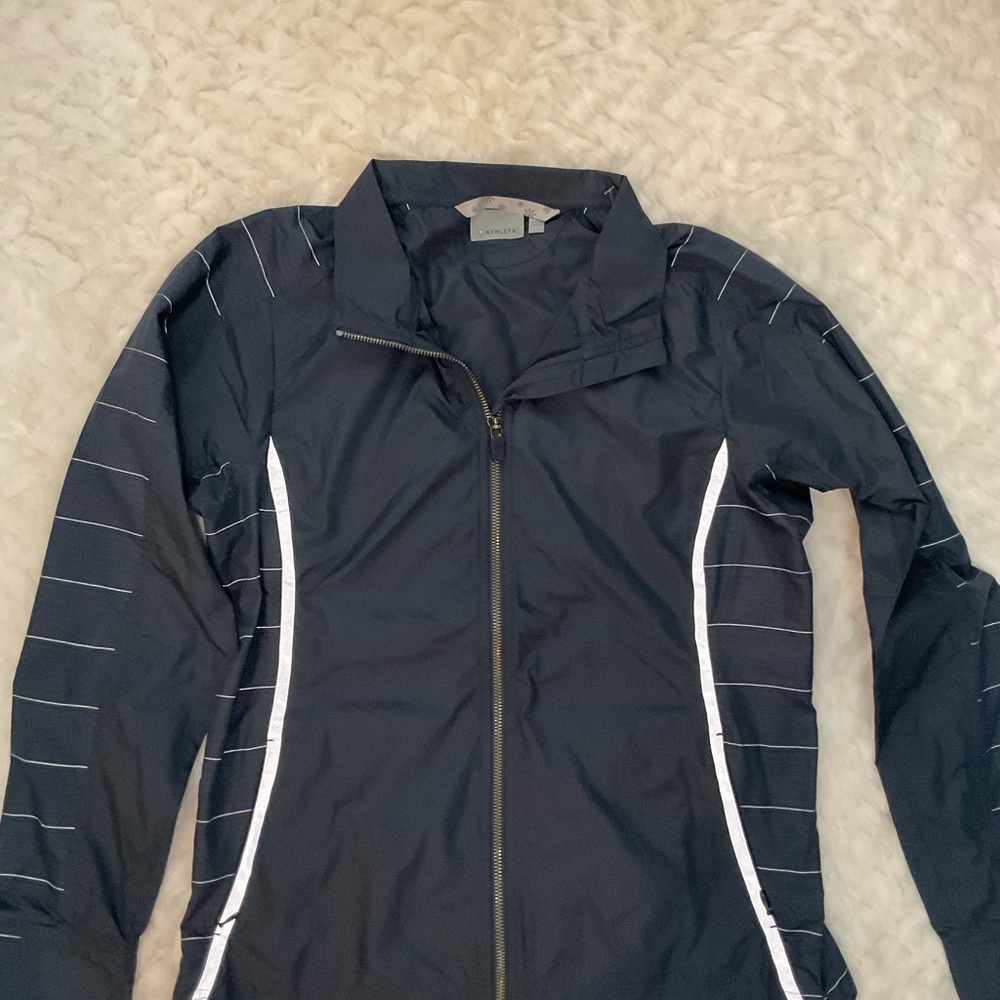 Athleta Navy Windbreaker Jacket with Full-Zip and Textured Sleeves